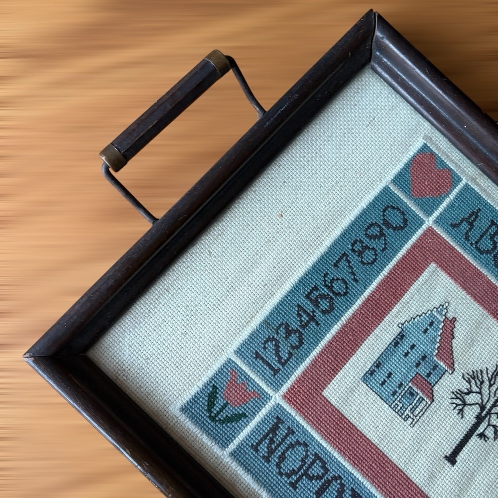 Vintage Handmade Country Sampler Framed Cross-Stitch Alphabet Tray - Picture 4 of 5